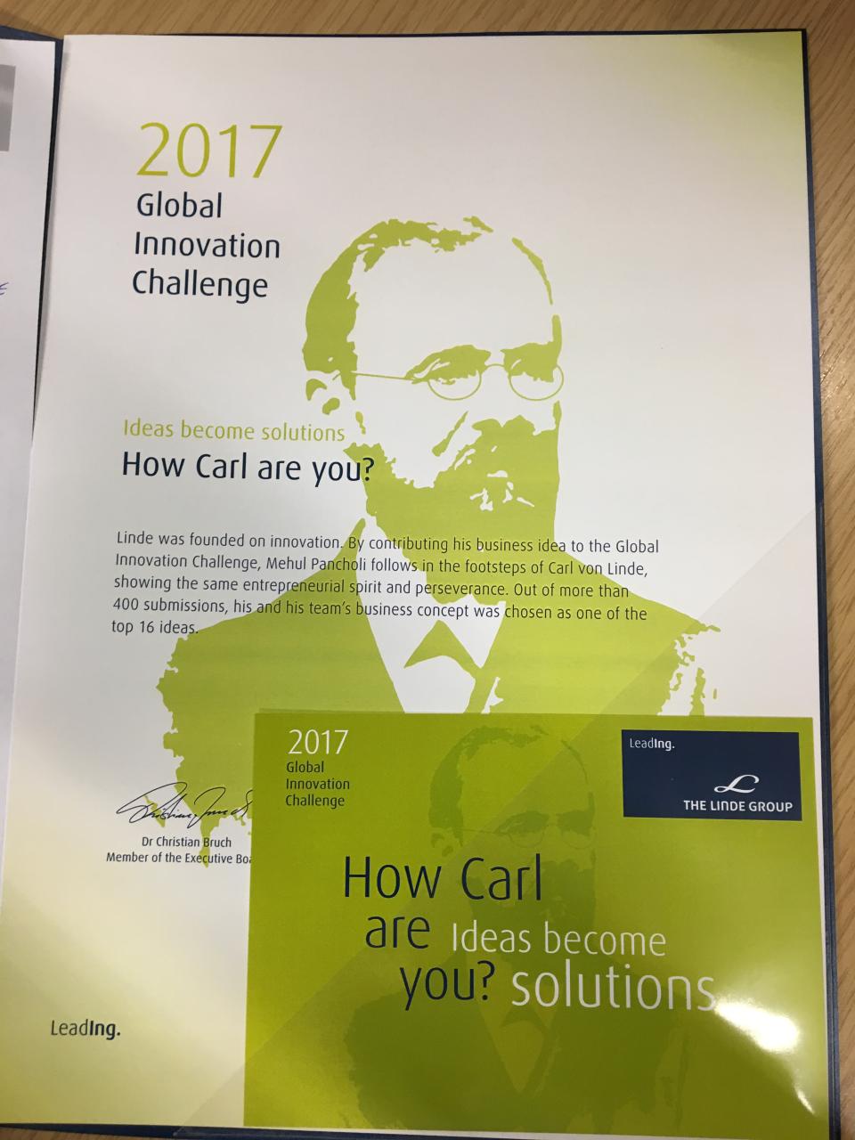 Linde Global Innovation Challenge 2017 Award